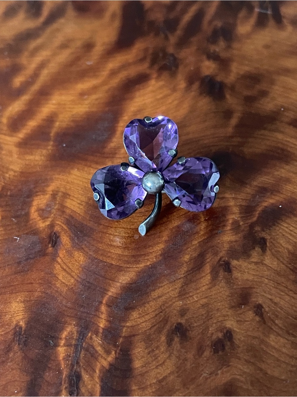 Antique Edwardian Charles Horner Sterling Silver Purple 3 Leaf Clover Brooch